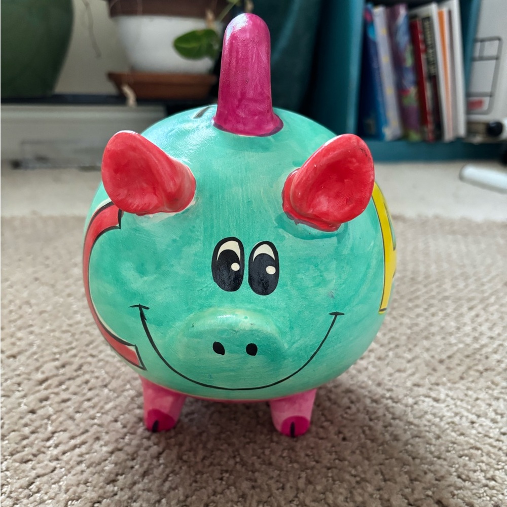 Turquoise Unicorn Piggy Bank with Pink Accents